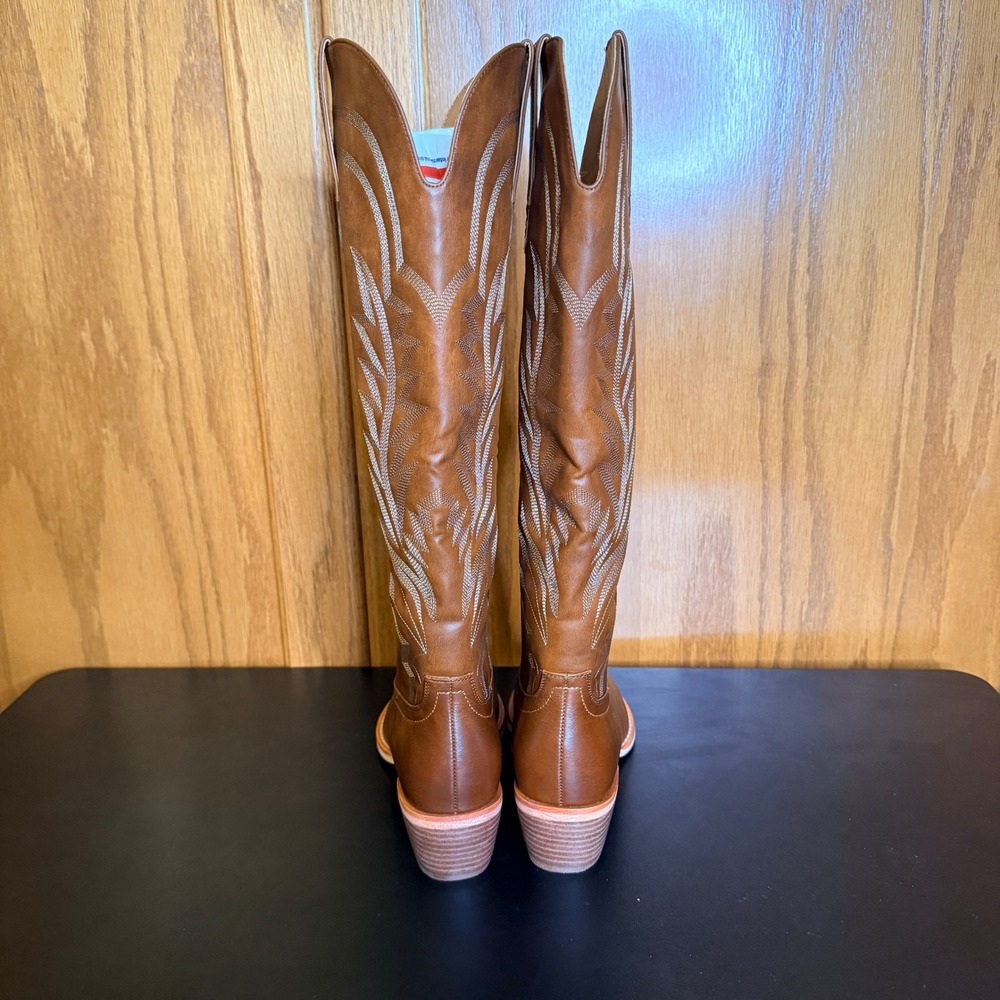 ISNOM Sz 7.5 Women's Brown Faux Leather Tall Cowboy Boots Western NIB - Picture 5 of 9